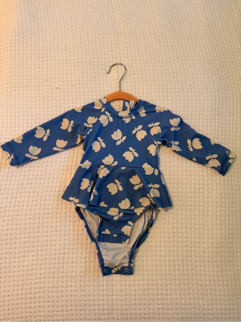 Hanna Andersson Blue One-Piece Swimsuit with Cream Floral Print